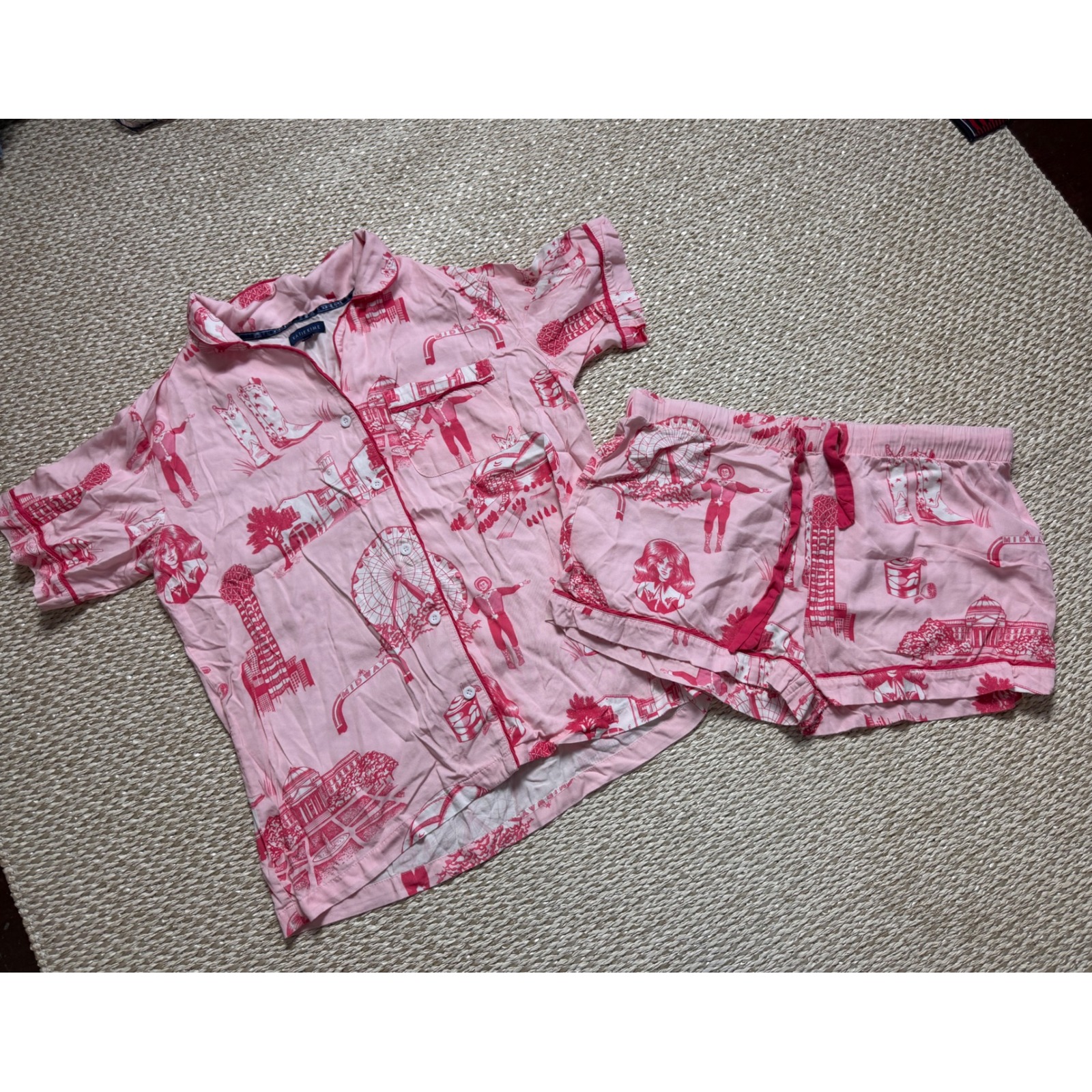 Katie Kime Dallas Toile Pajama Set Pink Short Sleeve Button Down Shorts Medium